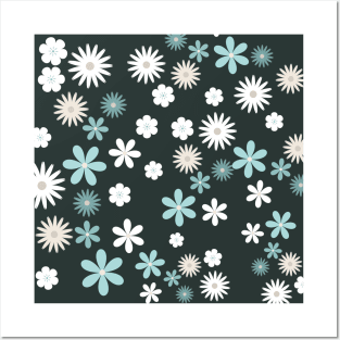 Blue and White Color Flowers Pattern Designs with Black Color Background Posters and Art